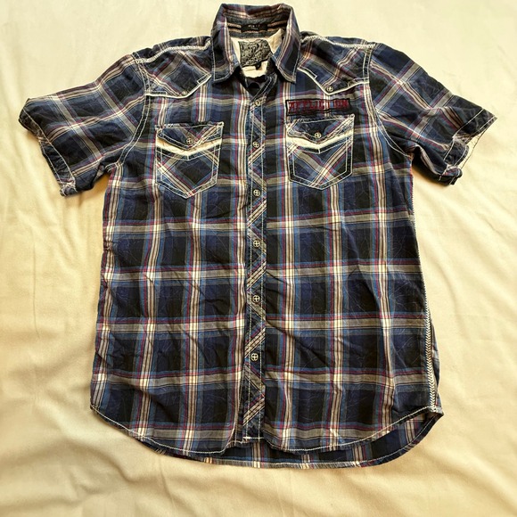 Affliction Limited Edition Mens L Plaid Short Sleeve Button Up Shirt - Picture 1 of 11